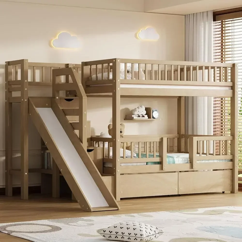 Bunk Bed With Stairs And Slide - Tempat Tidur Susun Kayu Model Dua