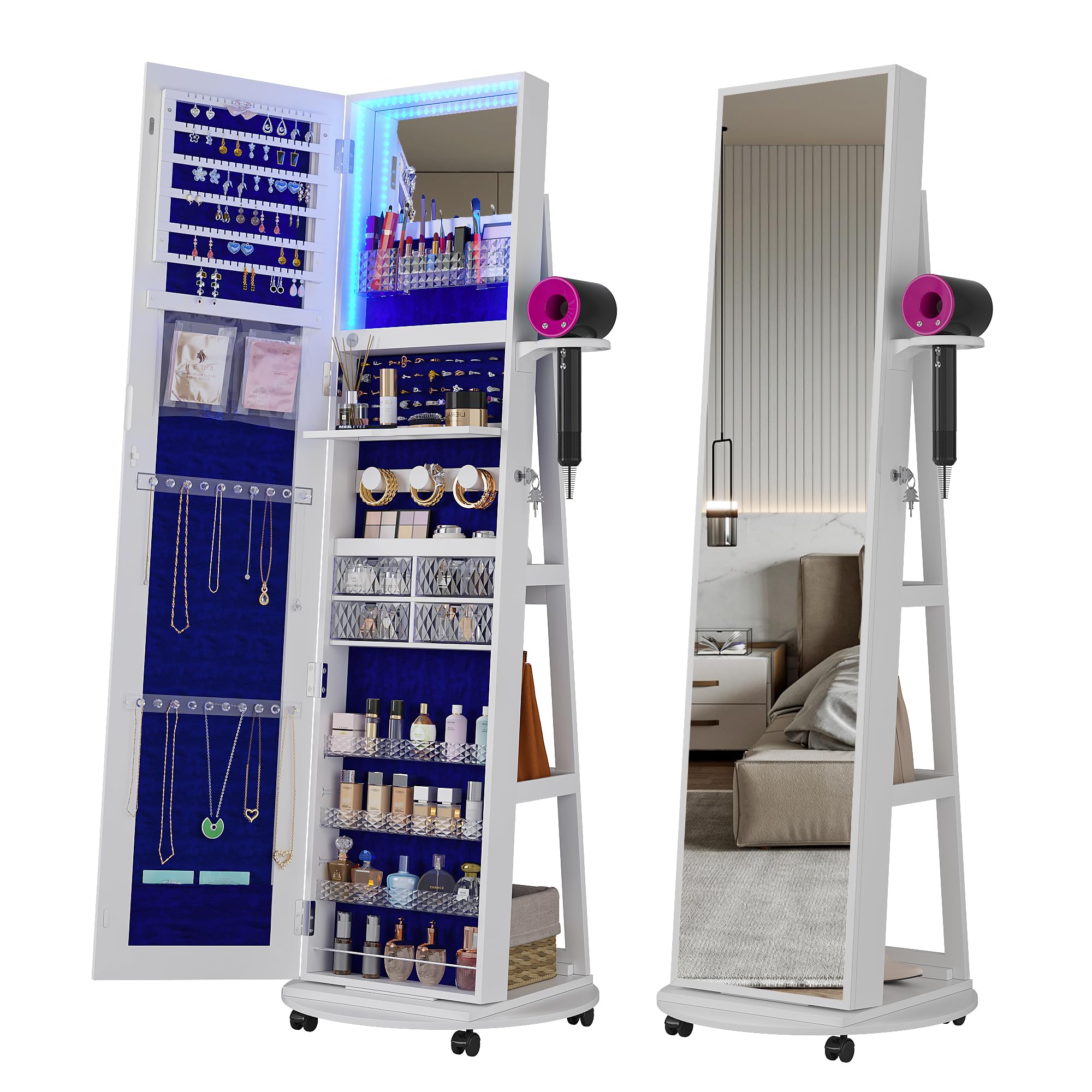 360 °   Lemari Perhiasan Putar - Full Length Mirror Jewelry Armoire ulasan dan harga