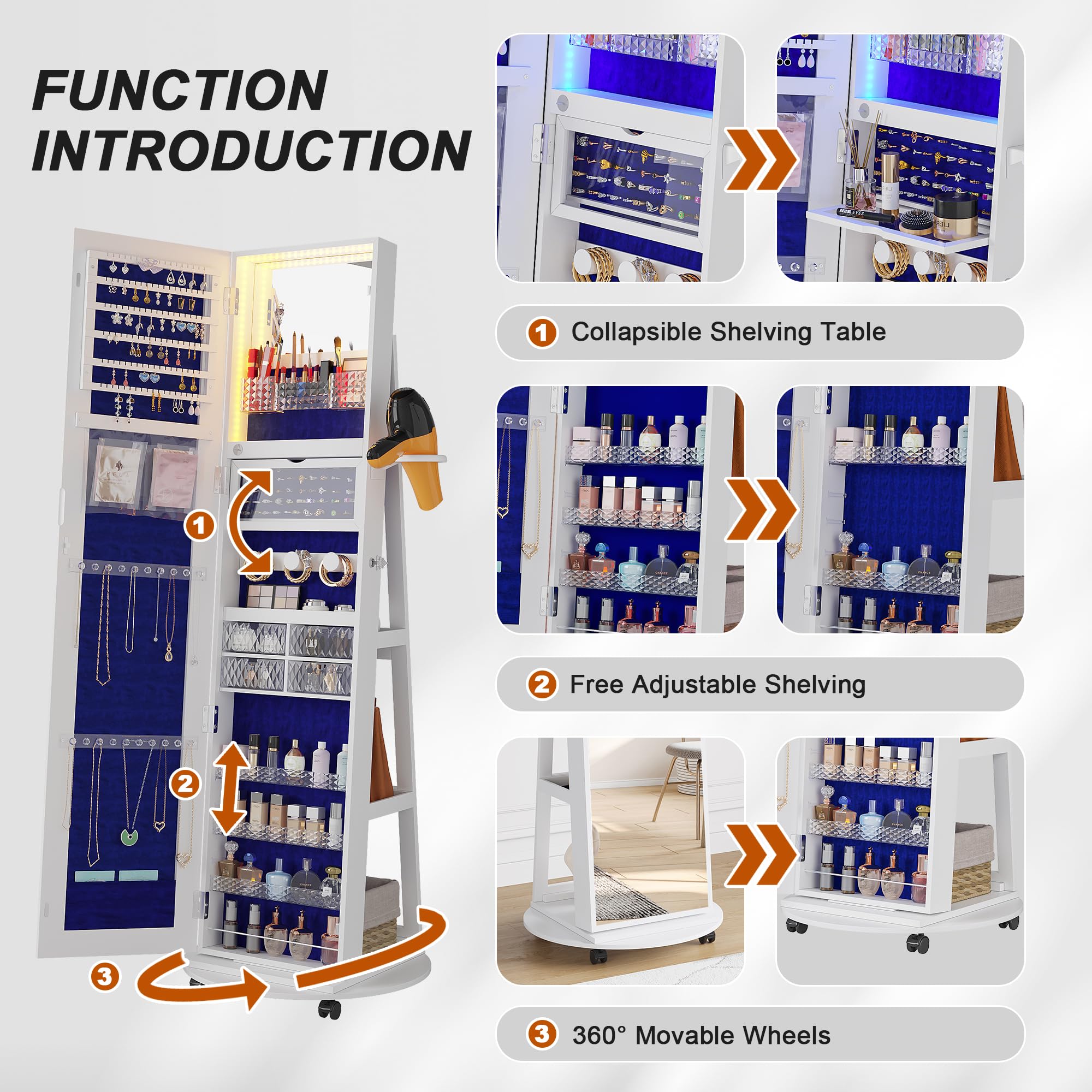 360 °   Lemari Perhiasan Putar - Full Length Mirror Jewelry Armoire ulasan dan harga