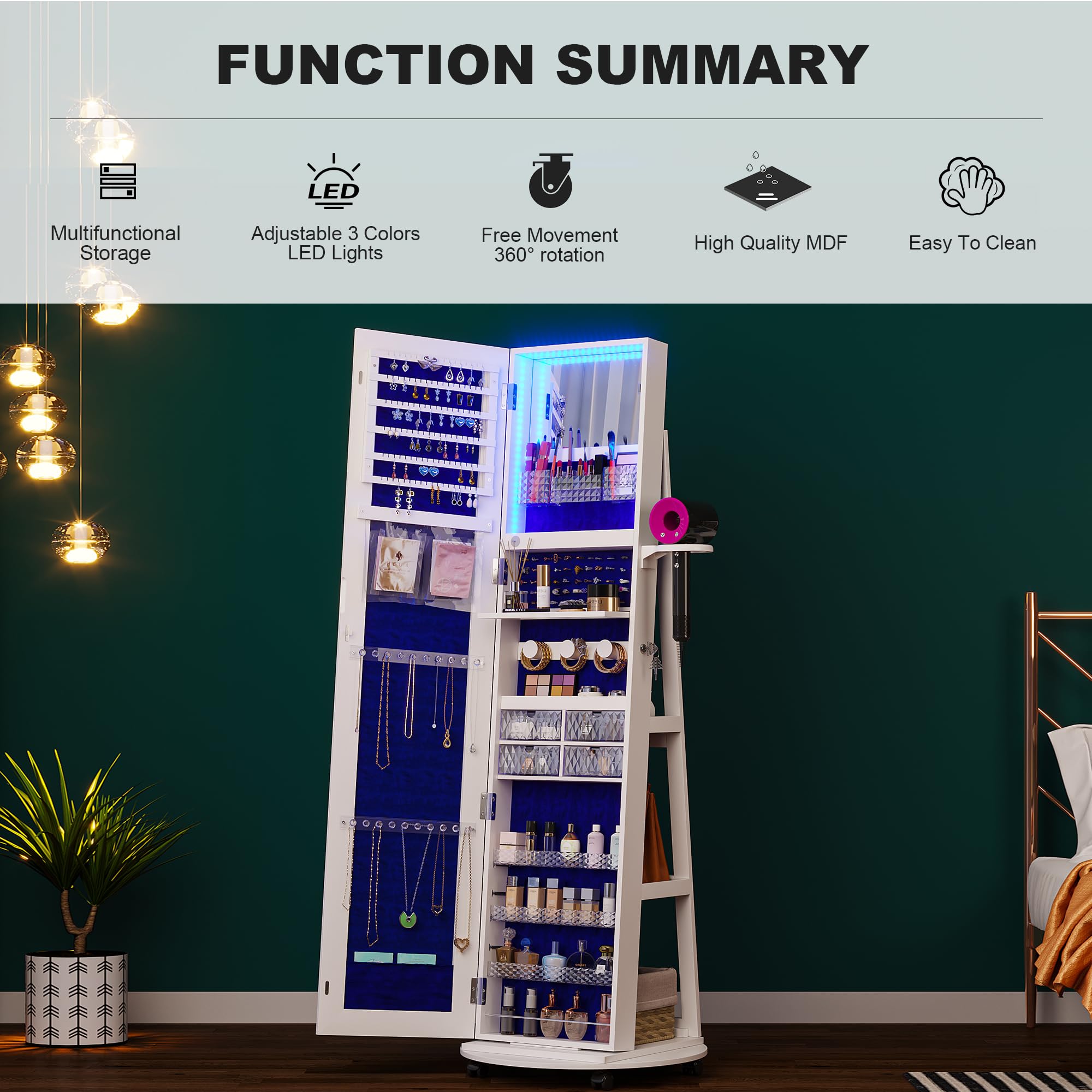 360 °   Lemari Perhiasan Putar - Full Length Mirror Jewelry Armoire ulasan dan harga