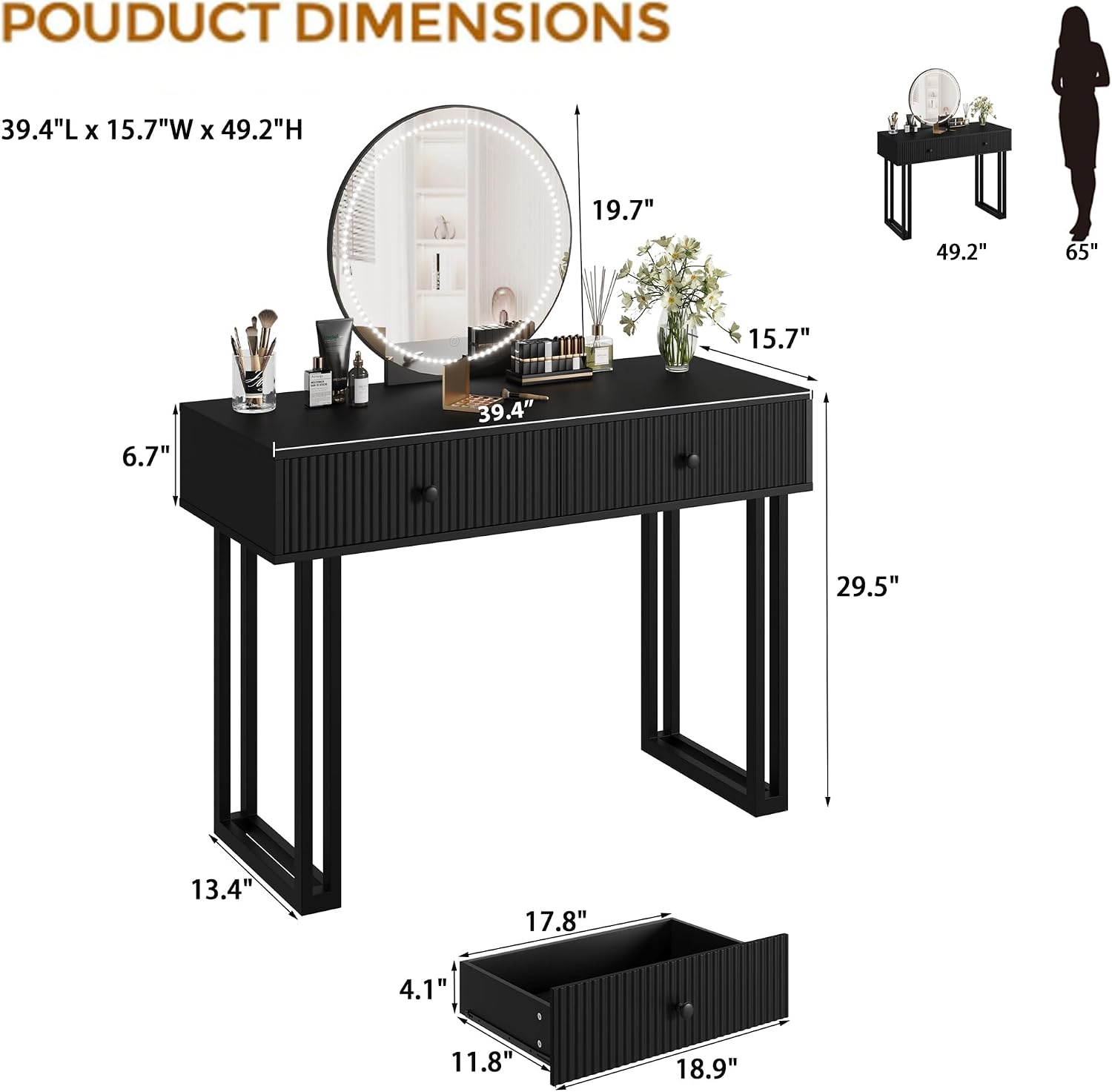 Meja Rias Modern Warna Hitam d - Dressing Table Vanity With Lighted Mirror ulasan dan harga