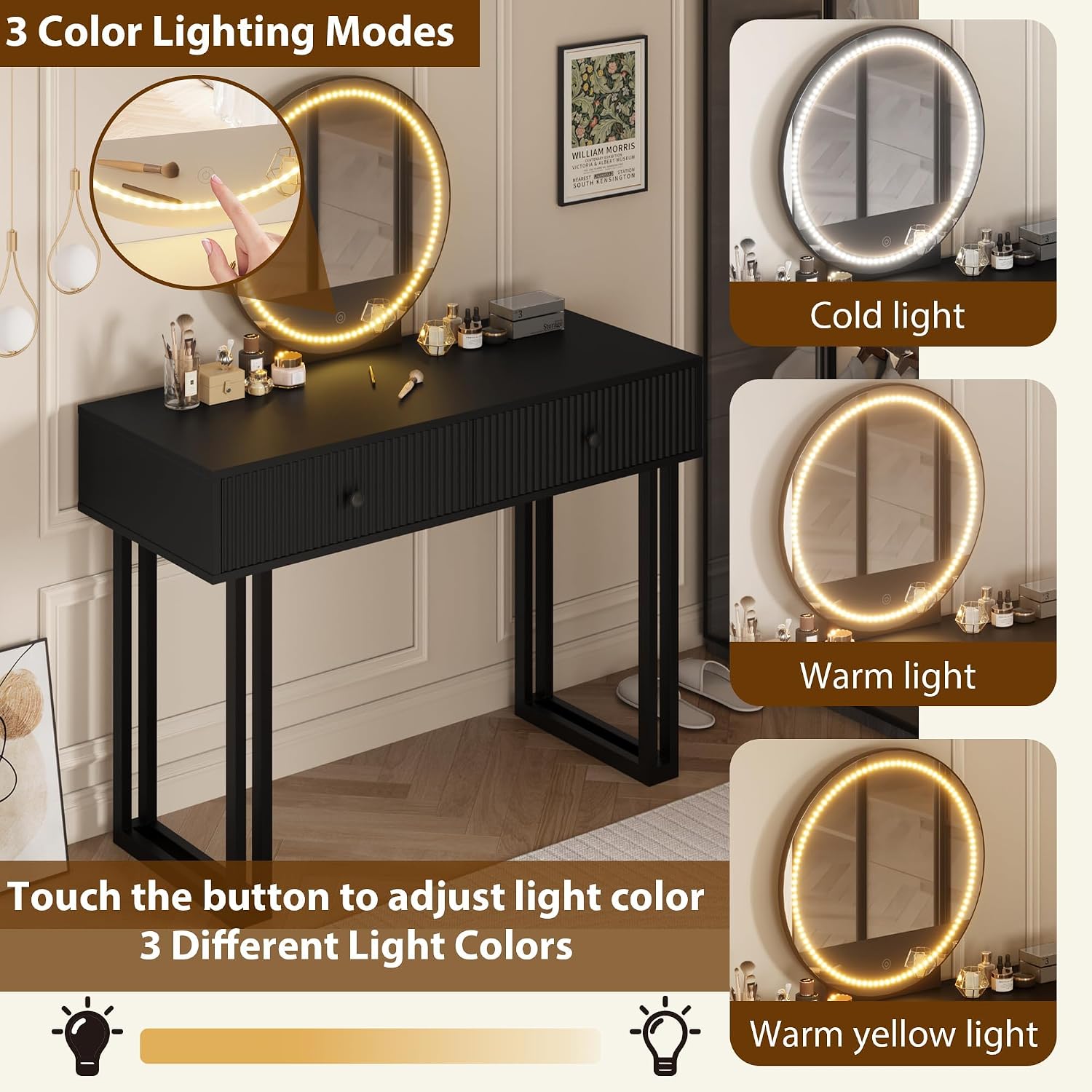 Meja Rias Modern Warna Hitam d - Dressing Table Vanity With Lighted Mirror ulasan dan harga