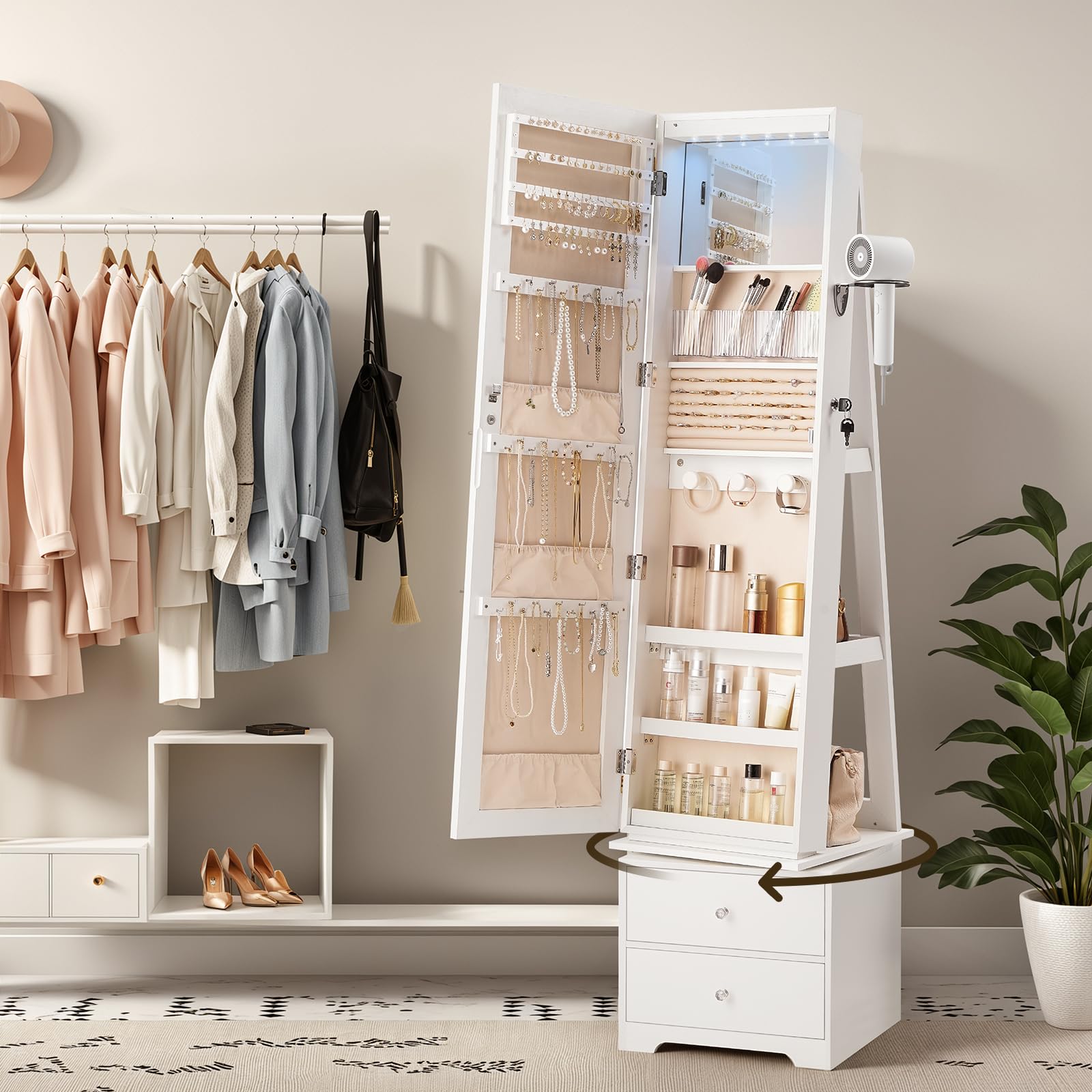 360 °   Lemari Perhiasan Putar - Full Length Mirror Jewelry Armoire ulasan dan harga